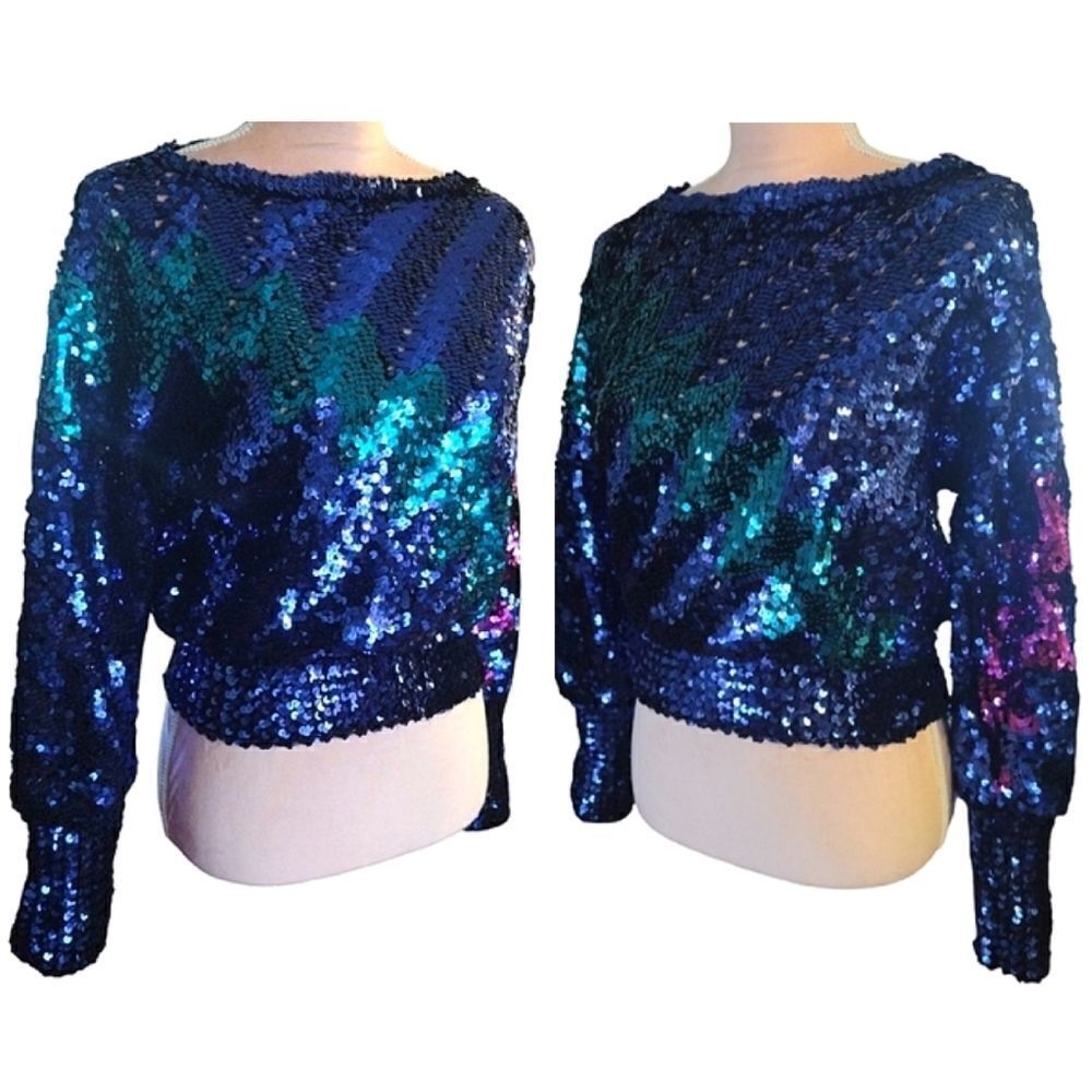 VTG 70s Harry Acton Blue Colorful Disco Era Sequins Top *Fits like Sm/ Med